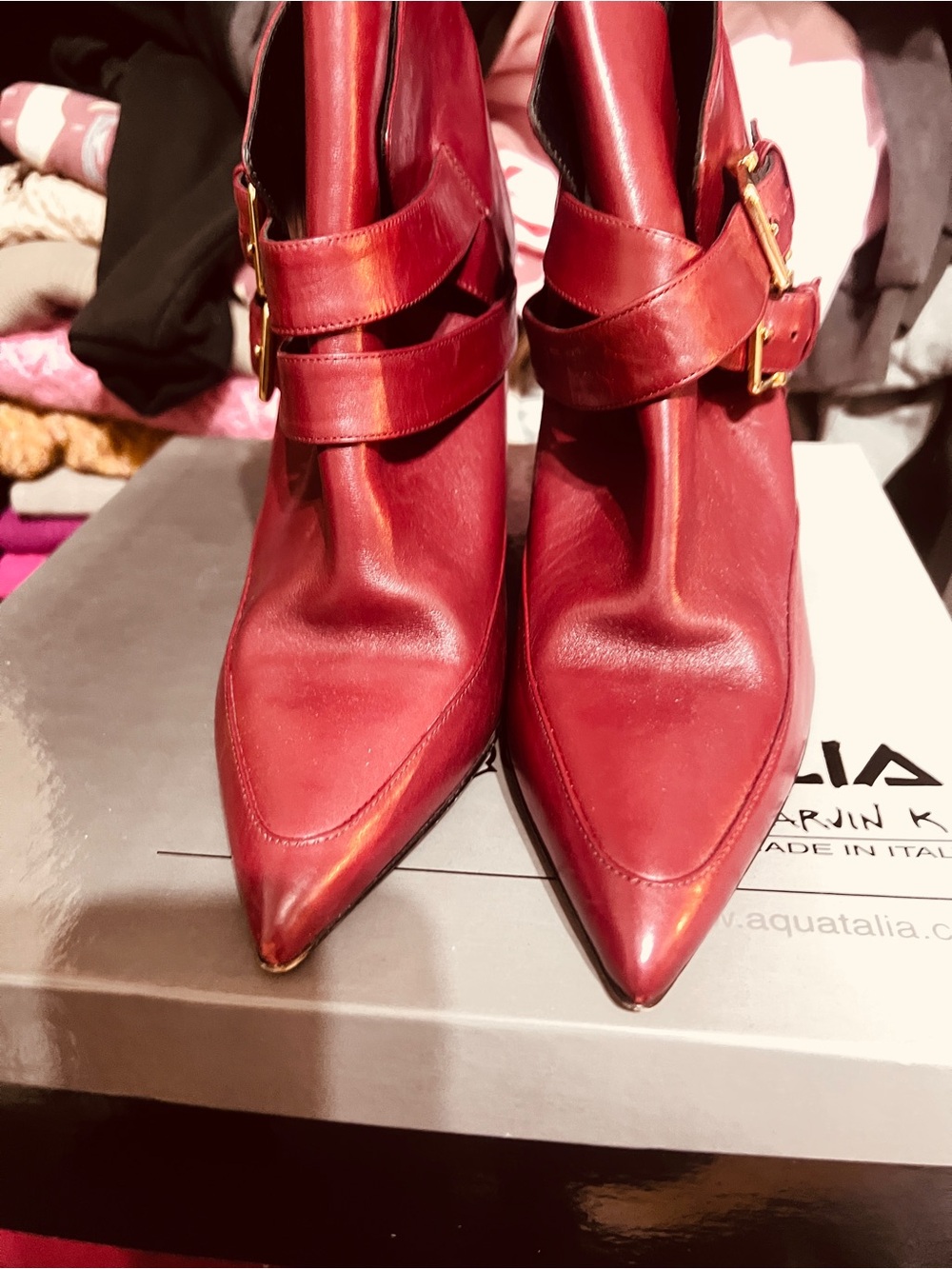Derek Lam Red Pointed Leather wedge Ankle Booties with Buckle Strap